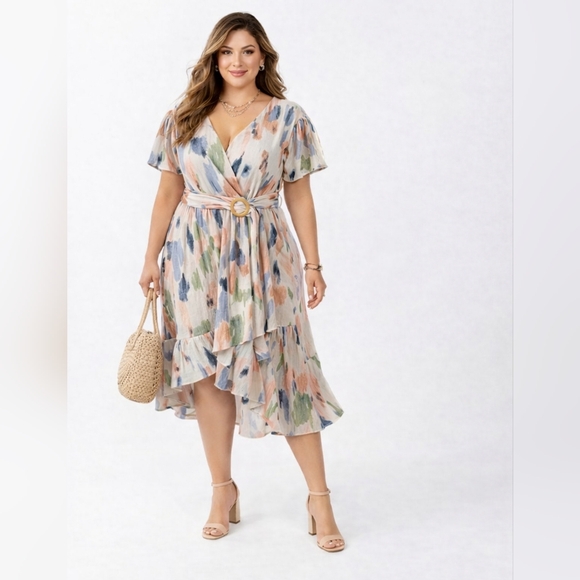 sofia by sofia vergara Dresses & Skirts - Sofia Vergara Watercolor Wrap Dress XXXL Tiered Ruffle Belted Midi Flowy